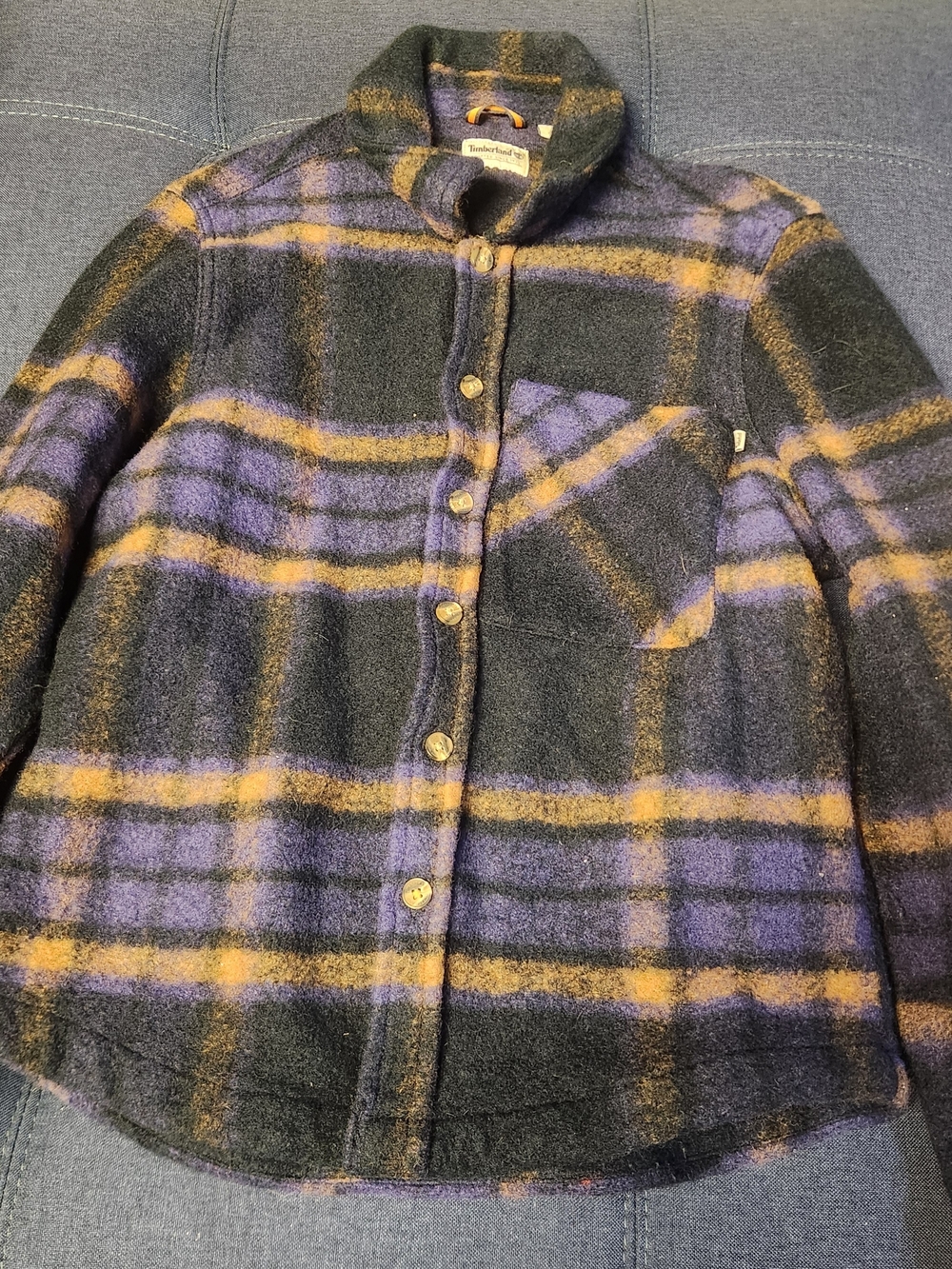 Timberland Black and Purple Plaid Wool Shacket with Mustard Accents